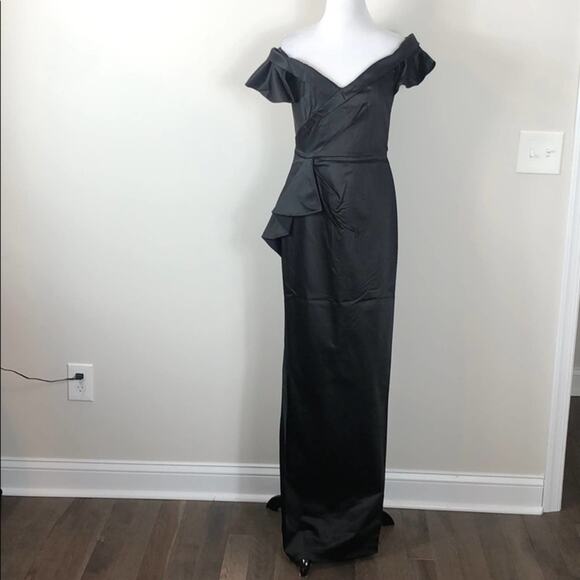 Marchesa Notte Off Shoulder Satin Draped Dress Black Size 0 - Picture 6 of 8